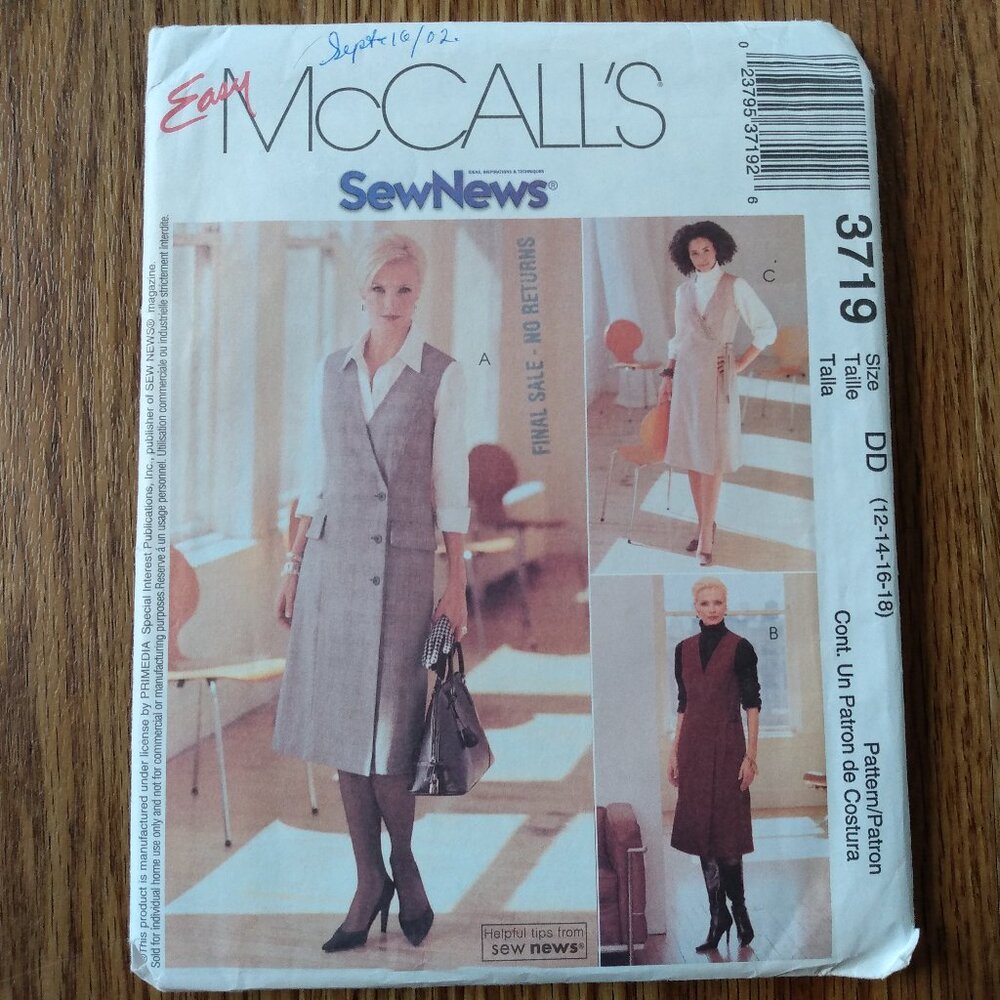 Vintage Jumper Dress Blouse Shirt Sewing Pattern Size 12-18 UNCUT McCall's 3719